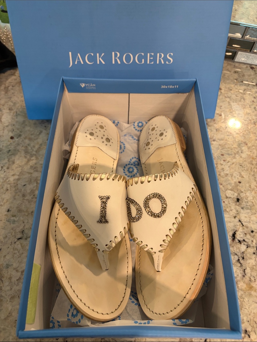 Jack Rogers White Leather 'I DO' Embellished Thong Sandals